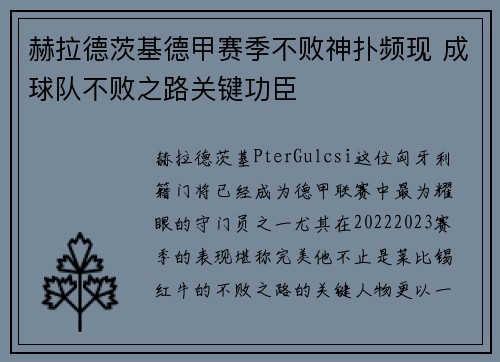 赫拉德茨基德甲赛季不败神扑频现 成球队不败之路关键功臣 赫拉德茨基德甲赛季不败神扑频现 成球队不败之路关键功臣
