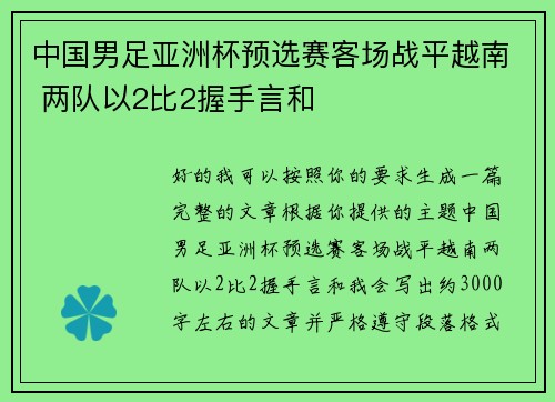 中国男足亚洲杯预选赛客场战平越南 两队以2比2握手言和