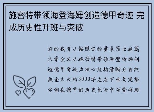 施密特带领海登海姆创造德甲奇迹 完成历史性升班与突破